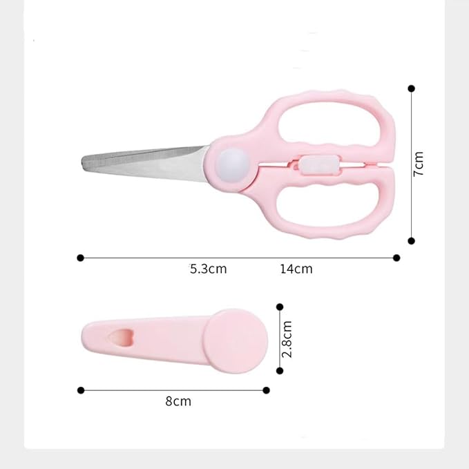 Baby Food Scissors with Travel Case, Portable Stainless Steel Shears with Safety Lock, Dishwasher Safe, Kitchen Scissors, Healthy Food Cutter with Dust Cover, Pink