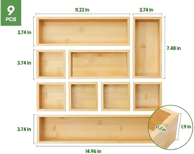 Bamboo Drawer Organizer Set, 9 PCS Multi-Use Individual Wood Storage Organizers, Junk Drawer Divider and Storage Trays Containers for Kitchen, Bathroom, Office Desk, Makeup, Jewelry, Utensils - Image 7
