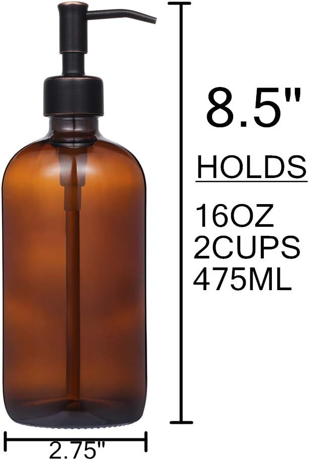 2 Pack Thick Amber Glass Pint Jar Soap Dispenser with Oil Rubbed Bronze Stainless Steel Pump, 16ounce Boston Round Bottles Dispenser with Rustproof Pump for Essential Oil, Lotion Soap - Image 4