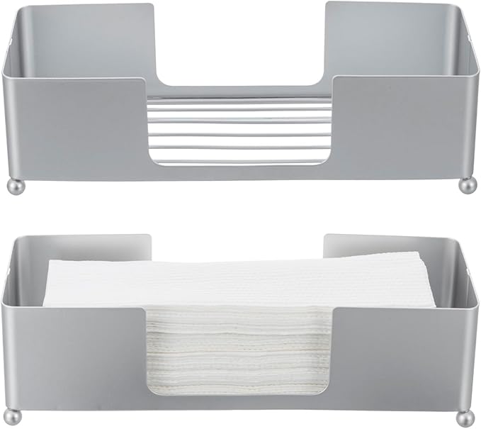 MyGift Modern Silver Tone Metal Countertop Folded Paper Towel Holders, Commercial and Guest Bathroom Sink or Vanity Table Disposable Napkin Storage Trays, Set of 2