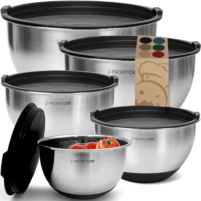Priority Chef Premium Mixing Bowls With Lids Set, Airtight Lids, Thicker Stainless Steel, Non-Slip Base, 5 Nesting Steel Bowls for Kitchen, Large Prep Metal Bowl Set 1.5/2/3/4/5 Qt, Black - Image 8