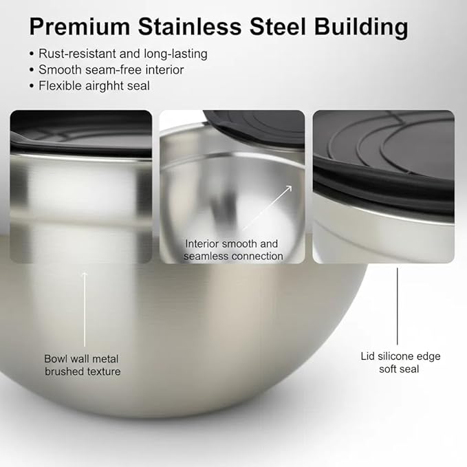 Mixing Bowls with Lids Set of 3 - Stainless Steel Nesting Bowls (1.5, 2.5, 5 QT) with Food-Grade TPE Lids, BPA-Free, Airtight & Durable for Baking, Meal Prep