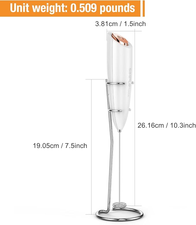 SIMPLETASTE Milk Frother Handheld Electric Foam Maker, Drink Mixer with Stainless Steel Whisk for Cappuccino, Bulletproof Coffee, Latte, White, with Stand, Battery Operated - Image 7