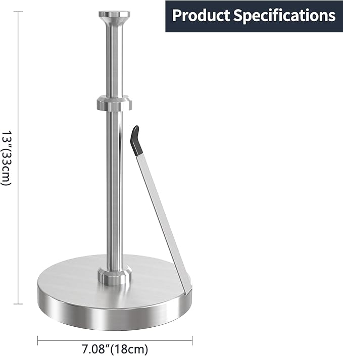 Jesginboo Brushed Nickel Paper Towel Holder for Kitchen, Stainless Steel Tension Arm for One-Handed Tear, Countertop Paper Towel Holder for Bathroom