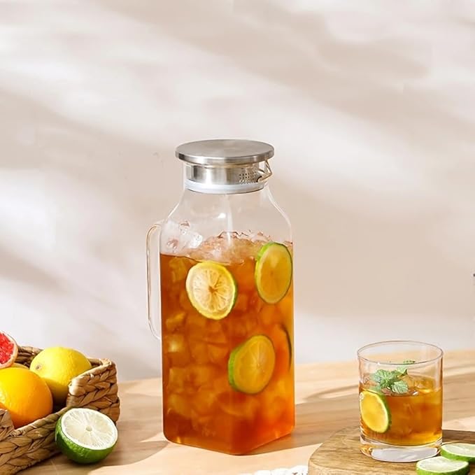 1 Pack 2 Liters/68 oz Square Glass Pitcher with Lid and Handle, Glass Carafe for Hot/Cold Water, Large Iced Tea Pitcher for Coffee, Juice