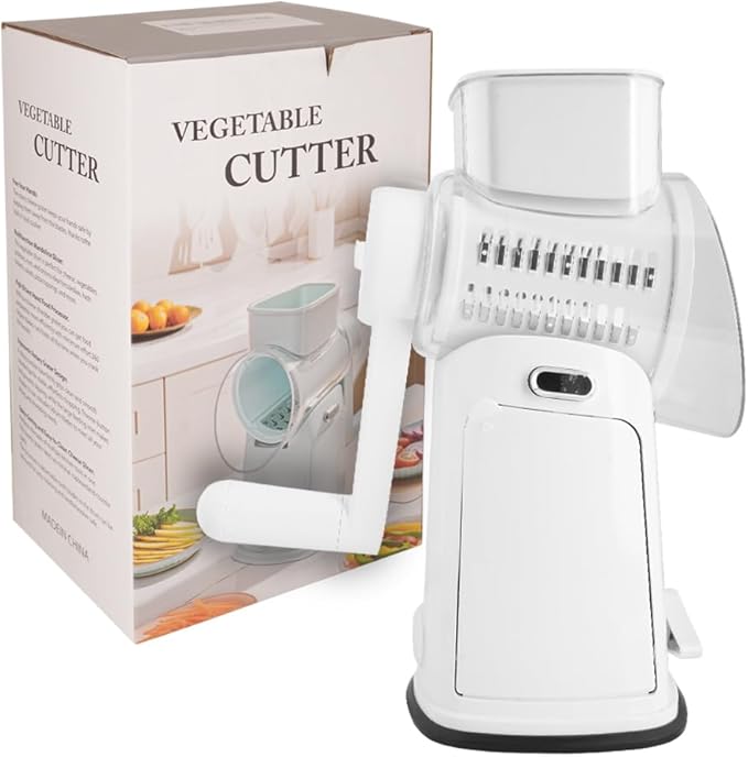 Rotary Cheese Grater Hand Crank, 10-Blade Shredder with Handle, Vegetable Slicer Mandoline Food Chopper, Strong Suction Base Kitchen Gadget for Cheese Vegetables Nuts β White