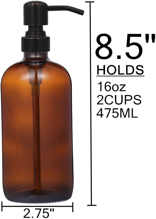 2 Pack 16 Ounce Boston Round Glass Bottles Soap Dispenser with Oil Rubbed Bronze Stainless Steel Pumps - Image 4