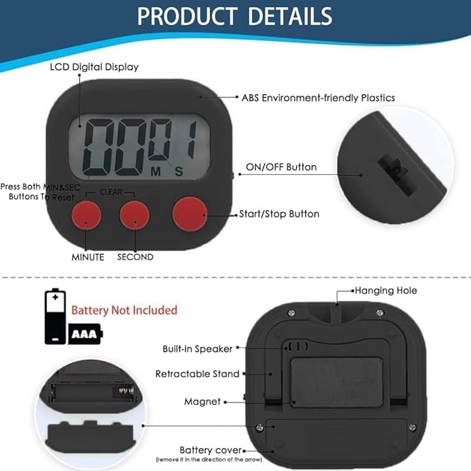 Kitchen Timer, Digital Visual Timer Magnetic Clock Stopwatch Countdown Timer, Large LCD Screen Display Big Digits, Loud Alarm for Cooking, Shower, Bathroom - Image 7