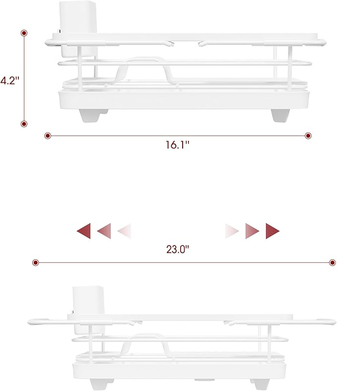 Sakugi Extendable Dish Drying Rack Over Sink with Dish Drainer, Sink Organization and Storage Essentials with Silverware & Utensil Holder, Home and Apartment Decor, 12" W x 16.1~23" L, White - Image 3
