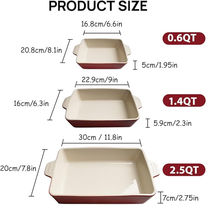 Sweejar Ceramic Bakeware Set, Rectangular Baking Dish for Oven Lasagna Pans for Cooking, Kitchen, Cake Dinner, Banquet and Daily Use, 11.8 x 7.8 x 2.75 Inches of Baking Pans (Red) - Image 6