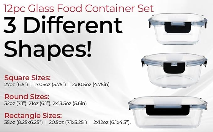 Magic Mill Premium Borosilicate Glass Food Storage Containers with lids Set | 24pc Sets with 12 Bowls & 12 Airtight Locking Lids for Lunch & Meal Prep, Safe for Oven, Freezer, Dishwasher, BPA-Free - Image 7