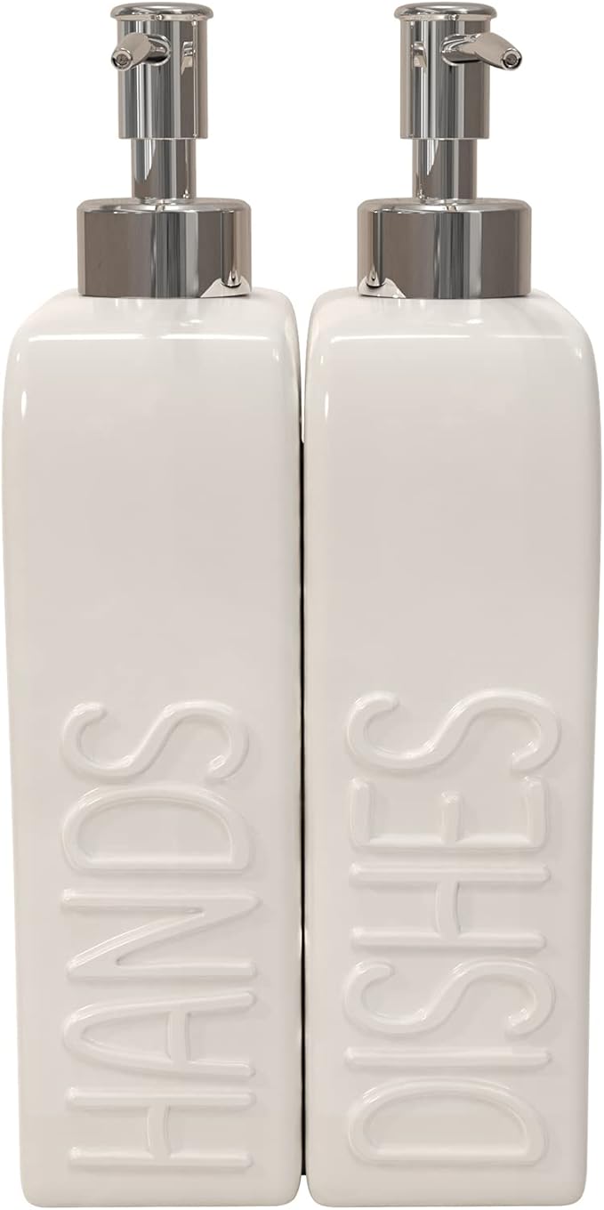 Soap Dispenser Set with Stainless Steel Pump, 2 Pack Ceramic Refillable Dish Soap and Hand Soap Dispenser for Kitchen, Bathroom, Matte White - Image 6