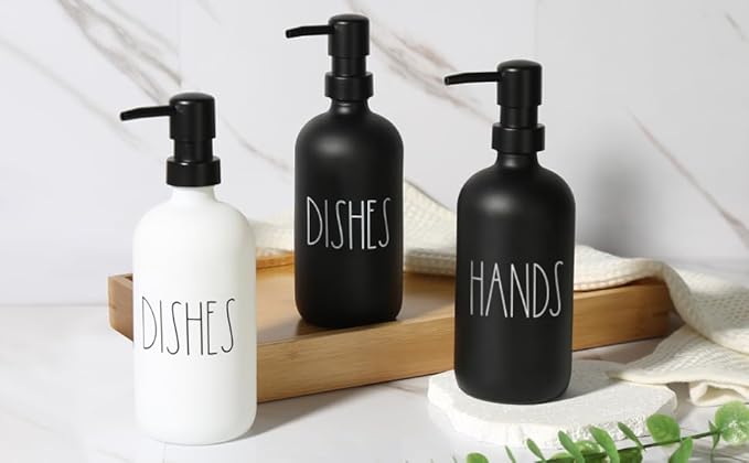 VIMERPA Hand and Dish Soap Dispenser Set, Matte Black Hands Dishes Soap Dispenser Set for Kitchen, 2 Pack Glass Soap Dispensers Set with Plastic Pump, 17 Fl Oz Refillable Liquid Soap Bottles - Image 8