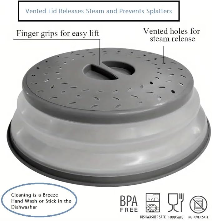 Dependable Industries' 2-in-1 Collapsible Microwave Splatter Guard Cover & Vegetable Washing Colander: The Ultimate Space-Saving Kitchen Essential (Gray)