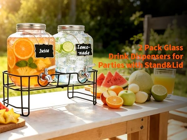 1 Gallon Glass Beverage Dispenser, 2 Pack Glass Drink Dispensers for ies with Stand, Lid&Stainless Steel Spigot, Lemonade Dispenser With Ice Cylinder for Weddings, Sun Tea Jar, Juice Dispensers - Image 6