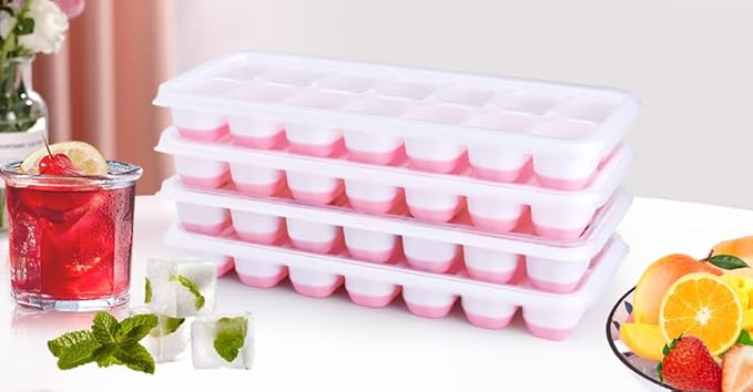 Silicone Ice Cube Tray, 4 Pack Easy-Release & Flexible 14-Ice Cube Trays with Spill-Resistant Removable Lid, Stackable Ice Trays with Covers for Freezer, Cocktail (Pink) - Image 8