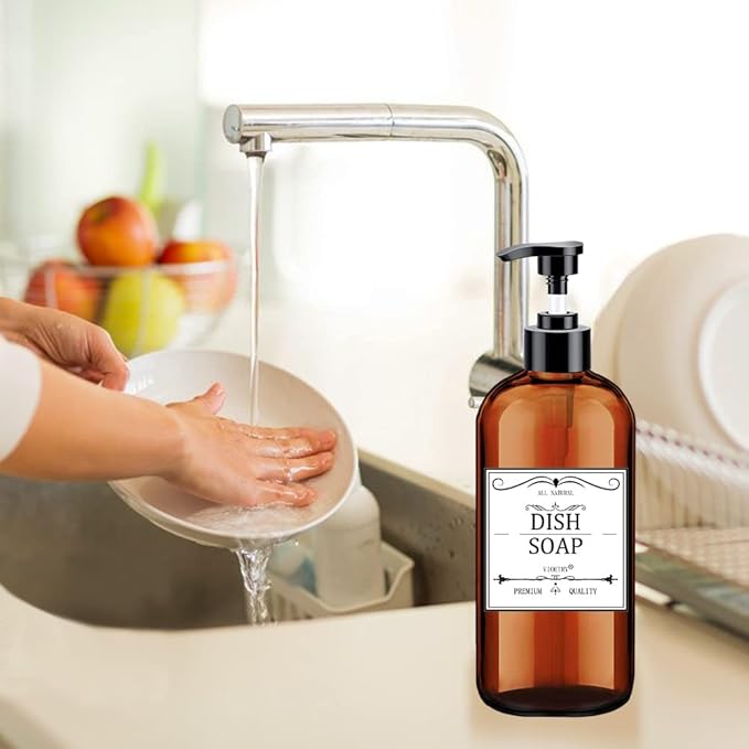 Soap Dispenser with Rust Proof Pump, Waterproof Labels (2 Pack,16 Oz) Bathroom, Plastic Hand Dish Soap Dispenser for Kitchen, Premium Thick Soap Pump Bottles (Amber) - Image 7