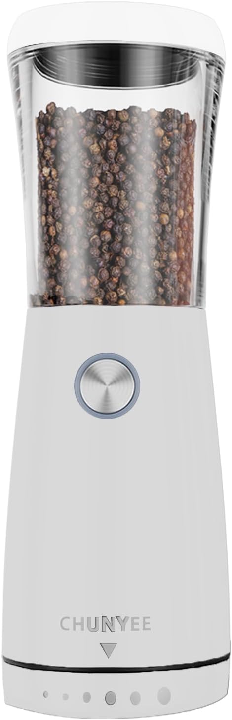 Electric Salt and Pepper Grinder - Automatic Stainless Steel Rechargeable Salt and Pepper Grinder Set with Storage Base, Large Capacity, LED Light & Adjustable Coarseness, Ideal Kitchen Gadget, White by Chunyee