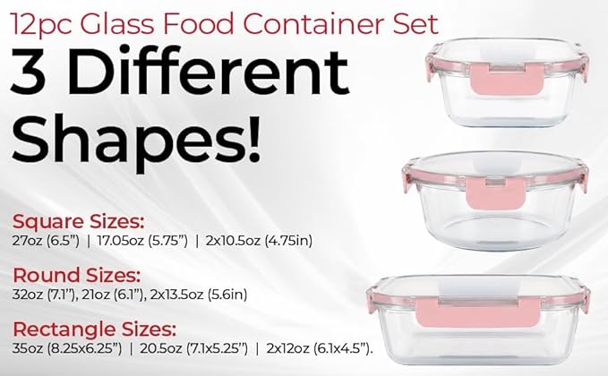 Magic Mill Premium Borosilicate Glass Food Storage Containers with lids Set | 24pc Sets with 12 Bowls & 12 Airtight Locking Lids for Lunch & Meal Prep, Safe for Oven, Freezer, Dishwasher, BPA-Free - Image 6