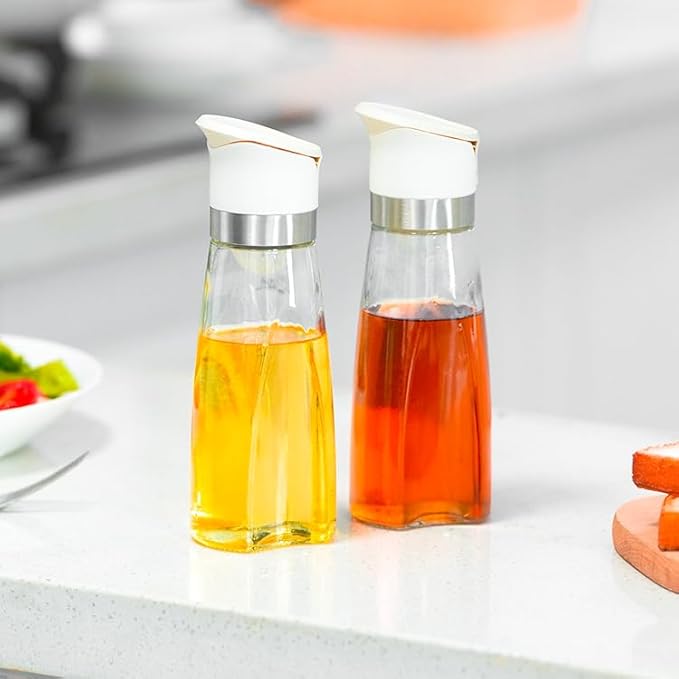 Premium Glass Olive Oil and Vinegar Dispenser Bottles Set, 2-Piece 11oz Kitchen Cooking Cruet with Auto-Open Lid, Non-Drip Pouring Spout, Oil Infuser Filter, Dishwasher Safe