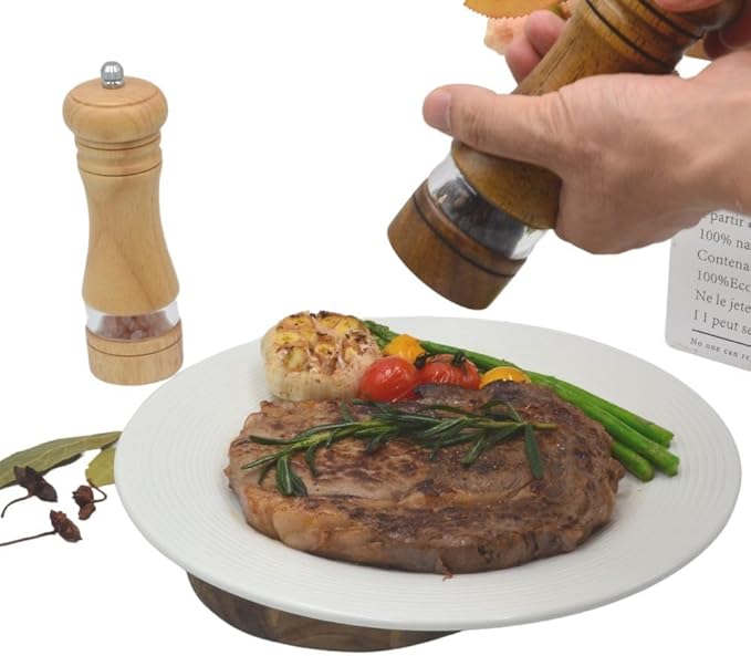 Classic Salt and Pepper Grinder Set,Refillable Salt and Pepper Mills,Manual Oak Wood Salt Grinder,Pepper Grinder,Visible Adjustable Ceramic Grinding Rotor,2 Packs set, 6.5 inch Each