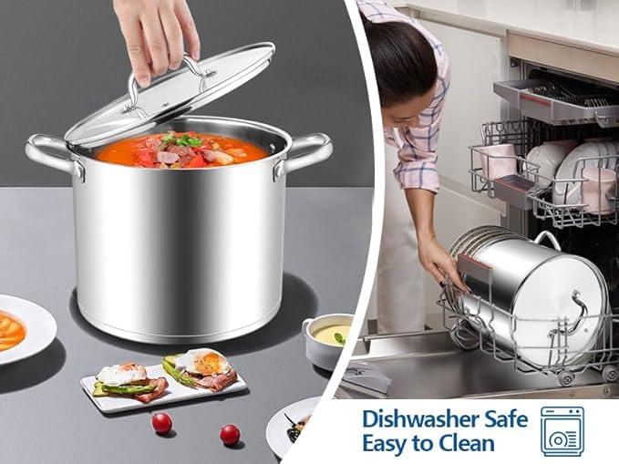 E-far 10 Quart Pot, Stainless Steel Stock Cooking Pot with Glass Lid for Soup Canning Stewing Simmering, Heavy Duty Large Cookware with Triply Base for Induction Gas Ceramic Stoves, Dishwasher Safe - Image 7