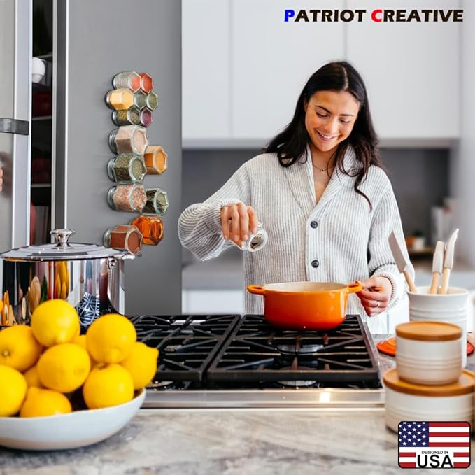 Patriot Set of 21 Large 4oz Magnetic Spice Jars for Refrigerator, Hexagon Glass Magnetic Spice Jars with Shaker Lids and Labels for Kitchen RV Travel Trailer, Magnetic Spice Containers for Fridge