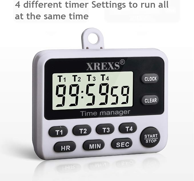 XREXS 4-Channel Digital Kitchen Timer Clock with Large LCD Display, 4 Groups Simultaneous Timing Countdown Up Pocket Timer, Magnetic Attachable (Battery Included) - Image 8