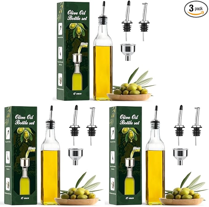 AOZITA Glass Oil Dispenser Bottle, 500ml | Pack of 3 | Includes Pourers and Funnel | Clear Design | For Kitchen by AOZITA