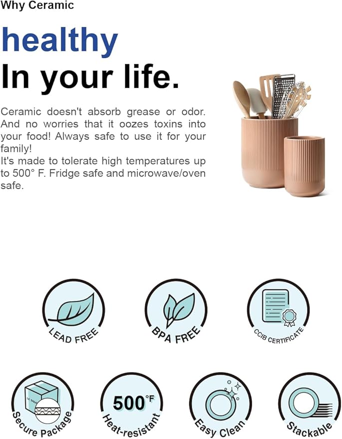 LE TAUCI Utensil Holder for Kitchen Counter, 7.3"+5.4" Fluted Ceramic Utensil Crock Organizer for Countertop, Heavy Large Holder for Spatulas, Spoons, Set of 2, Dusty Coral - Image 7