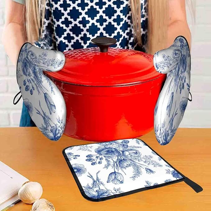 LOKMU Oven Mitts and Pot Holders Set of 3, White Blue Floral Vintage Flowers Heat Resistant Kitchen Gloves Hot Pads for Cooking Baking BBQ, Kitchen Decor Gifts for Cooking Lover Cooks