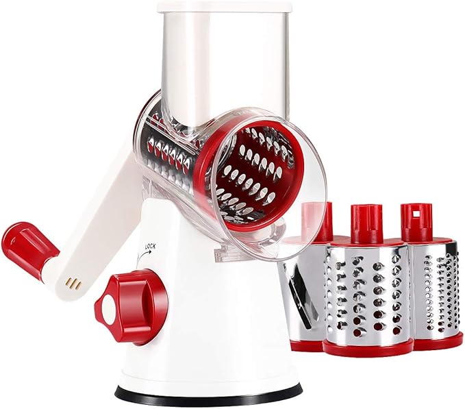 Cambom Rotary Cheese Grater Hand Crank Cheese Shredder for Fresh Cheese, Vegetable, Nuts,Non-slip Suction Base, Free Cleaning Brush Three Blades,Red White - Image 8