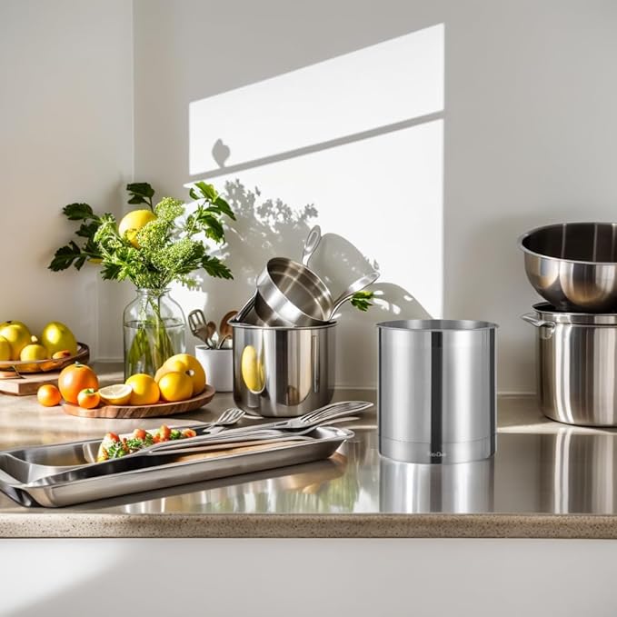 KSENDALO Stainless Steel Utensil Holder 7x7inch Large Utensil Holder for Countertop, Round Utensil Caddy for Spoons, Silverware, and Spatulas for Kitchen, Silver - Image 6