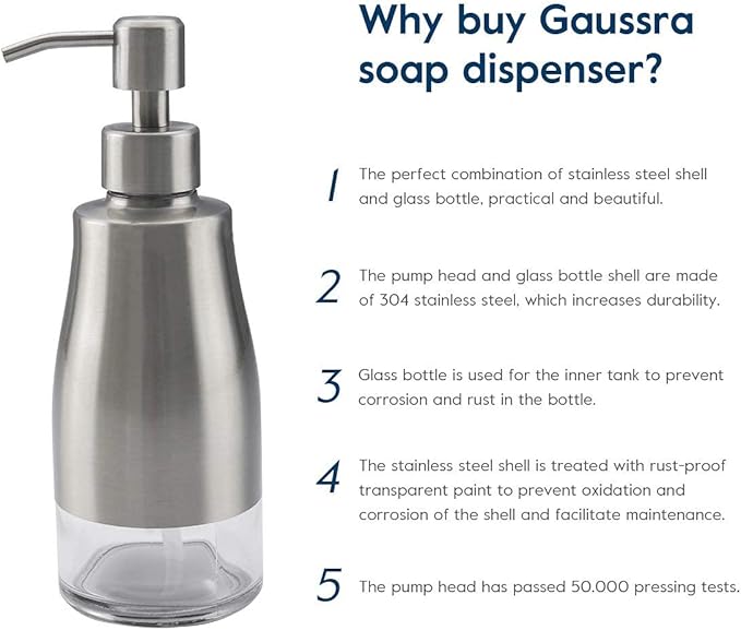 Gaussra Soap Dispenser with Coaster and Stickers, Brushed Nickel Stainless Steel Case Glass Liner Hand Pump Dispenser, Refillable Liquid Hand Soap Dispenser for Bathroom & Kitchen (11OZ / 320ML) - Image 8