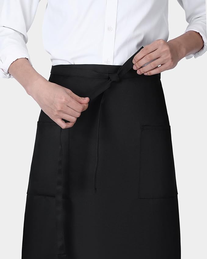 Xtinmee 4 Pcs Bistro Aprons 2 Pockets 32 Inch Waterproof Half Waist Black Bistro Apron with Long Waist Ties for Server Chef Waiter Waitress Bartender