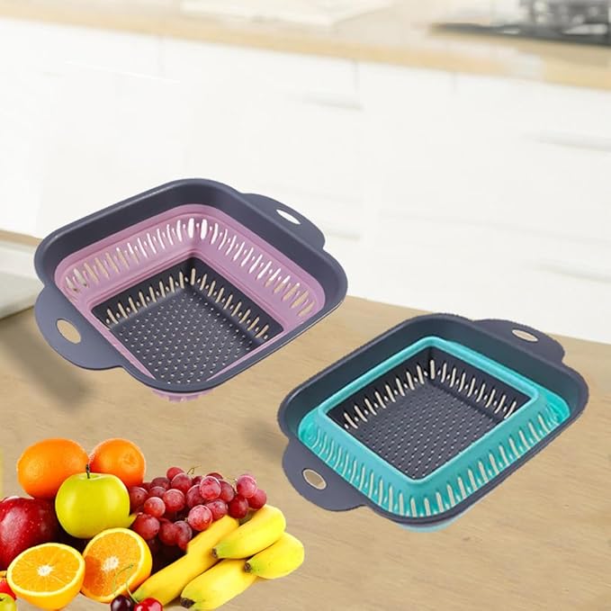 Collapsible Colander Set, Square Round Triangles Silicone Kitchen Strainer Perfect for Draining Pasta Vegetable fruit 2 PCS (10.8"L x 8.6"W x 2"H, Red & Green) - Image 7