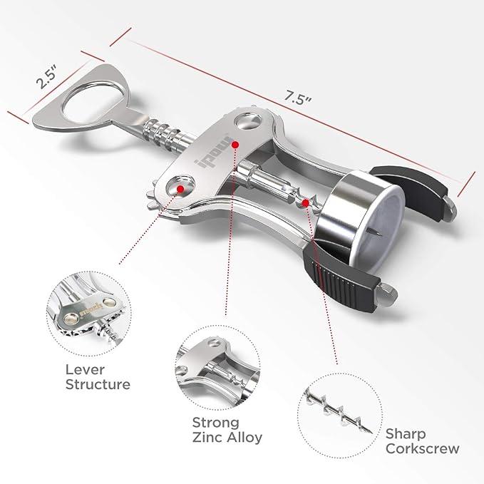 IPOW Wine Opener, Zinc Alloy Wine Bottle Opener, Wing Corkscrew Heavy Duty, Manual Multifunctional Cork Screw for Waiter, Silver - Image 9