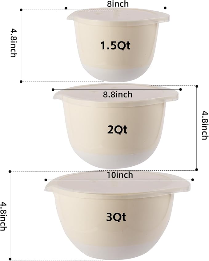 3 Plastic Mixing Bowls with Pour Spout,Lids and TPR Non-Slip Bottom,Small Nesting Batter Bowl Set for Kitchen Prep,Baking,Storage,BPA Free,Easy to Grip,1.5Qt,2Qt,3Qt,White