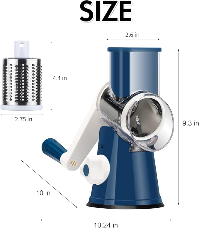 Ourokhome Rotary Cheese Grater Hand Crank, Kitchen Shredder Speed Mandolin Slicer Ice Shaver with Handle and Drum Blades for Cheese, Vegetable, Nuts, Chocolate, Potato, Carrot, 5 Blades, Dark Blue - Image 9
