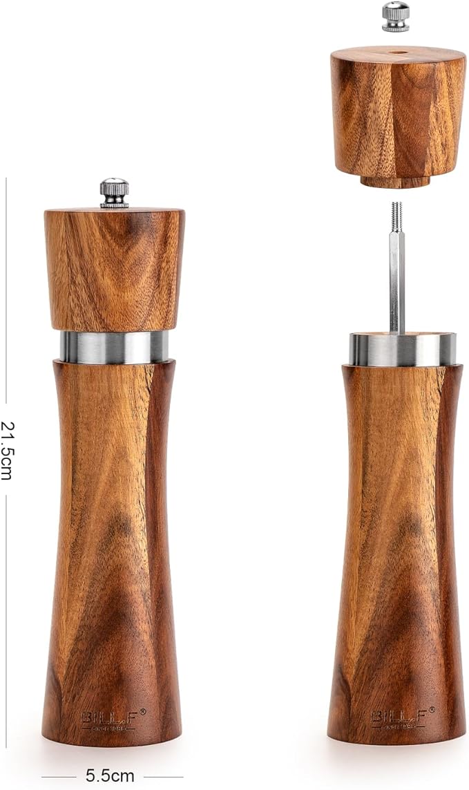 Pepper Grinder,Wood Salt and Pepper Grinder Mills Sets, Acacia Wood Manual Salt Grinder Refillable Pepper Mill Sets with Adjustable Ceramic Grinding Rotor - 8 Inch-Set of 2