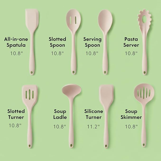 Non-Toxic Platinum Silicone Kitchen Utensil Set of 8 – Non-Scratch Cooking Spoons & Spatulas, 100% Plastic Free, Stainless Steel Core, Heat Resistant 500°F, Beige - Image 7