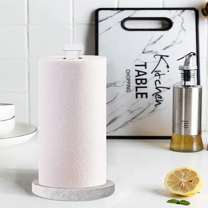 Paper Towel Holder Countertop, Standing Paper Towel Roll Holder for Kitchen Bathroom, with Weighted Marble Base for One-Handed Operation (White), White Marble Paper Towel Holder - Image 6
