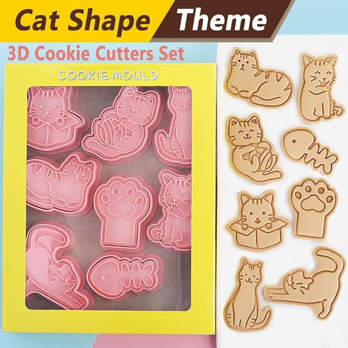 8 Pcs Cookie Cutters Set 3D Holiday Cookie Cutters for Party Baking Decoration (Cats)