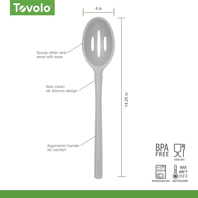 Tovolo Flex Core Silicone Slotted Deep Spoon for Cooking Mixing Baking, Dishwasher Safe BPA Free All Silicone Kitchen Spoon Utensil Heat Resistant Nonstick Safe Slotted Serving Spoon, Oyster Gray