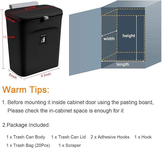 Tiyafuro 2.4 Gallon Kitchen Compost Bin for Counter Top or Under Sink, Hanging Small Trash Can with Lid for Cupboard/Bathroom/Bedroom/Office/Camping, Mountable Indoor Compost Bucket, Black - Image 7