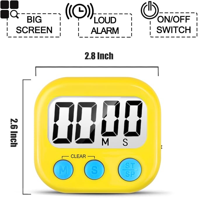 2 Pack Digital Kitchen Timer for Cooking Big Digits Loud Alarm Magnetic Backing Stand Cooking Timers for Baking Yellow - Image 6