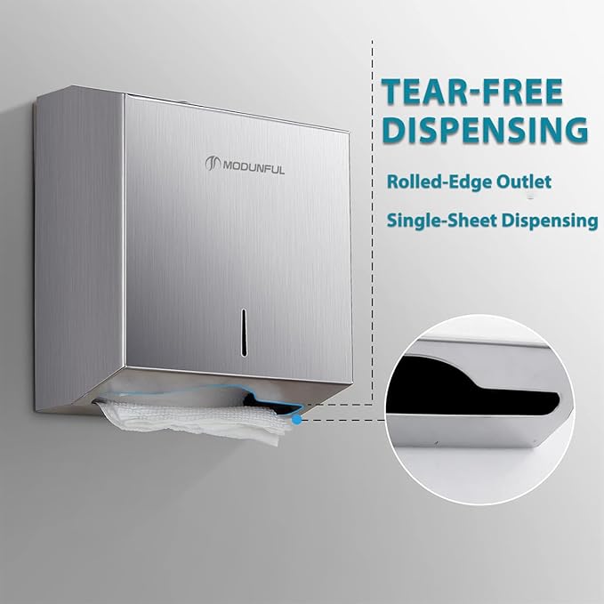 Paper Towel Dispenser Wall Mount: Large Capacity Commercial Paper Towel Holder for Bathroom with Lock, 300 Z/C Fold/280 Multifold Towels, Heavy Duty Brushed Stainless Steel