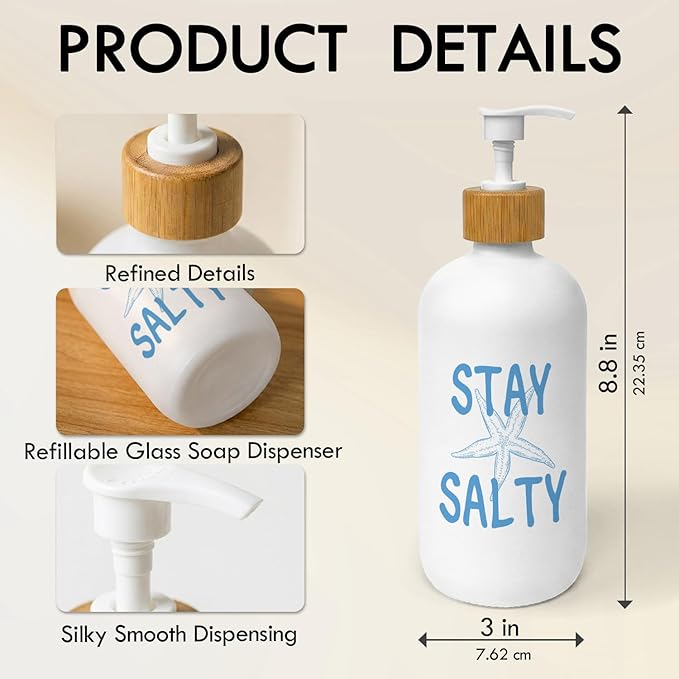 Blue Coastal Starfish Soap Dispenser, Beach Summer Glass Dish Soap Dispenser for Kitchen, Nautical Ocean Refillable Handsoap Pump Bottle for Bathroom Countertop Kitchen