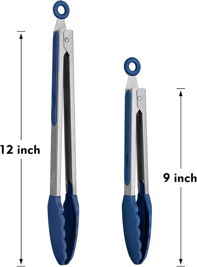 HOTEC Premium Stainless Steel Locking Kitchen Tongs with Silicon Tips, Set of 2-9" and 12", Classic Blue - Image 8