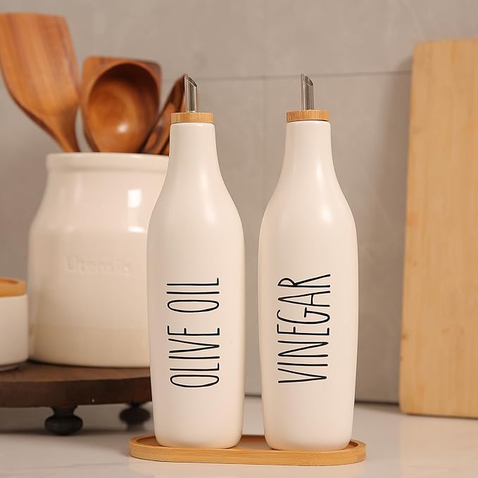 HOMCDALY Ceramic Olive Oil Dispenser for Kitchen, Stoneware 16oz Oil Cruet and Vinegar Bottles Dispenser, Kitchen Dispenser Bottle for EVOO Vinegar Syrups, Modern Farmhouse Design(W-O) - Image 7